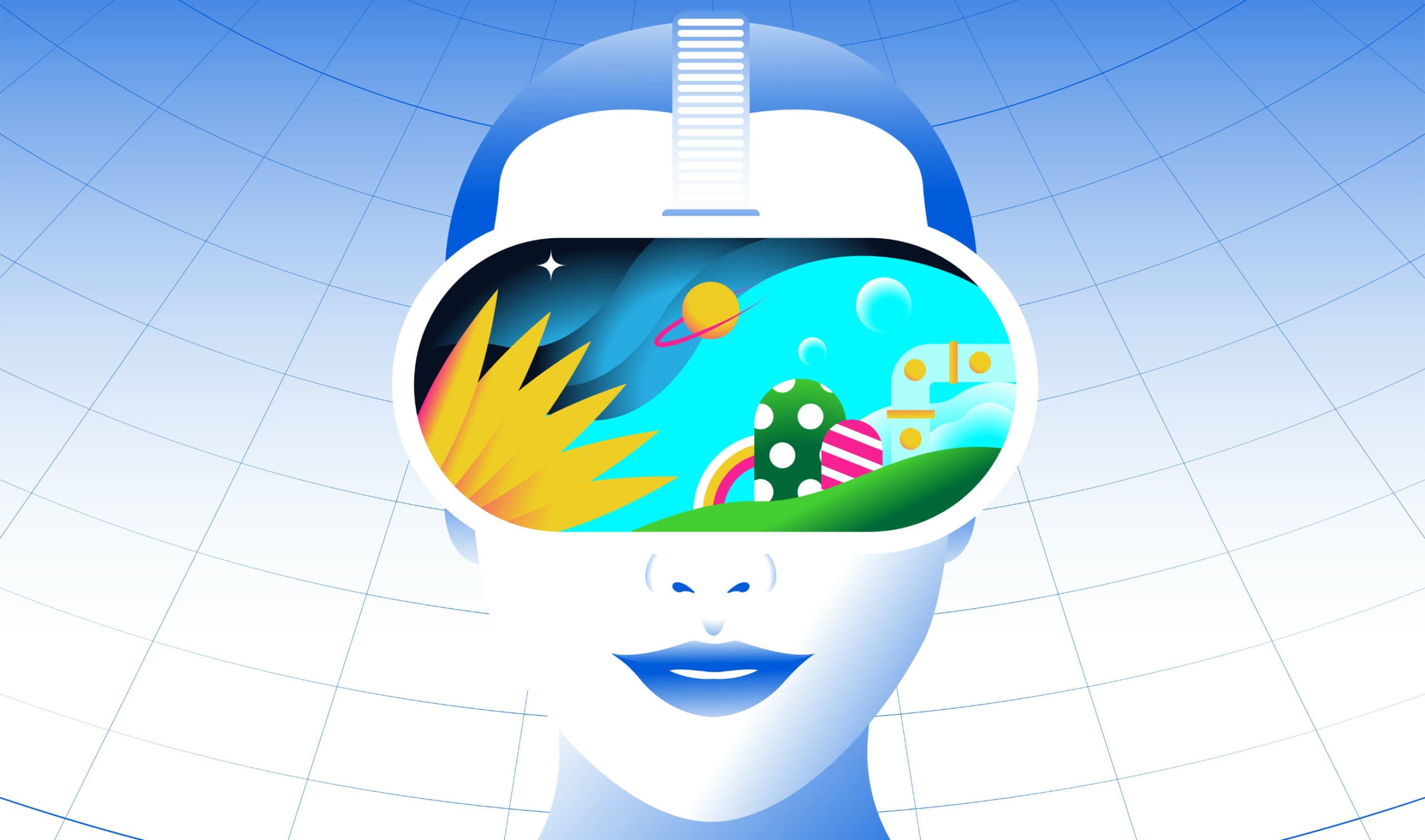 AI Featured Main Cartoon-style image of a robot with human face wearing a VR headset with colorful scene including planets on the front.